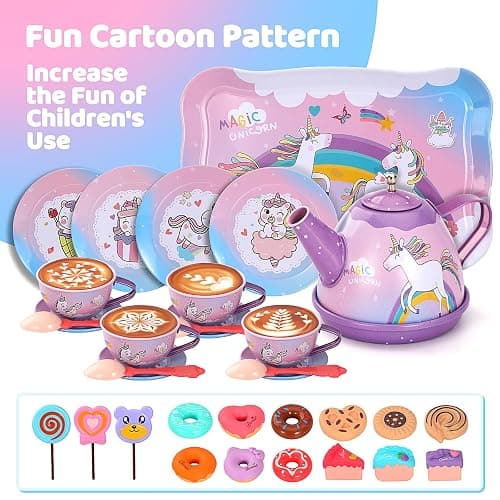 55Pcs Tea Party Set for Little Girls, Princess Tea Party Set, Unicorn Kid Tin Tea Set,Kids Kitchen Pretend Toy, Toddler Tea Party Set for Girl 3-5, Tea Party Set Christmas Birthday Gift for 4 Year Old thumbnail 5