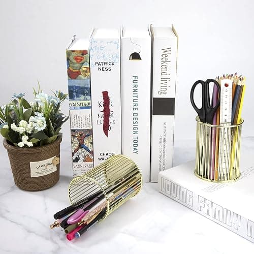MengH-SHOP Porte-stylo en Métal Pot à Crayon Stylo Multifonction Creux Porte Crayons Papeterie de Stockage Organiseur Conteneur pour Domicile, École, Bureau, 8cm de Diamètre, 2 Pièces (Doré) thumbnail 7