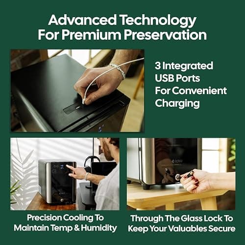Terpkooler Essential Cooler Compact Portable Mini Fridge with Temp & Humidity Control, 3 USB Ports, Smoked Glass Shelves, Lockable UV Glass Door for Herbs, Oils, Cosmetics, and More thumbnail 5