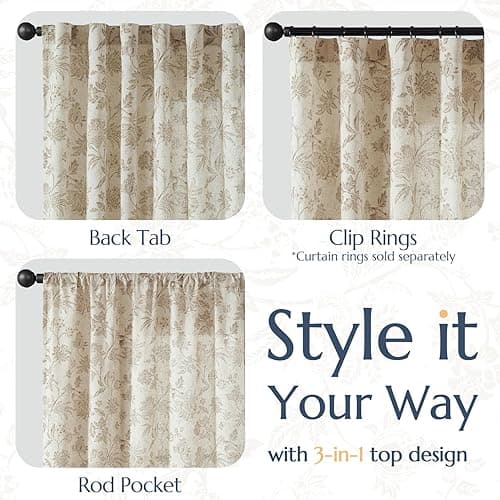 jinchan Linen Floral Curtains for Living Room with Printed Flower 63 Inches Long Light Filtering French Country Back Tab Rod Pocket Taupe Window Curtain Set Farmhouse Drapes 2 Panels Taupe thumbnail 6