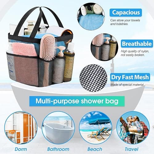 Attmu Mesh Shower Caddy Portable for College Dorm Room Essentials with 8 Pockets, Hanging Shower Caddy Dorm Basket, Quick Dry Shower Bag for Bathroom thumbnail 4
