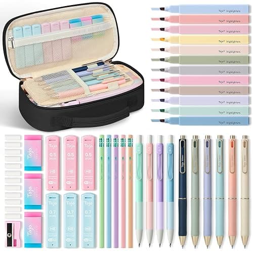 Cute Pencil Case With Supplies, 39 PCS Aesthetic Stationery Set with Pencil Pouch, 6 Black Ink Gel Pens, 12 Pastel Highlighters, 5 #2 HB Pencils, 4 Mechanical Pencils, Back to School Supplies - Black - Image 1
