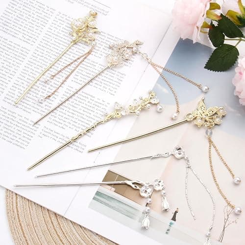 Chinese Hair Sticks, Gold Silver Japanese Hair Sticks with Butterfly Flower Design Pearl Tassels Pendants for Women (3 Gold&3 Silver) thumbnail 4