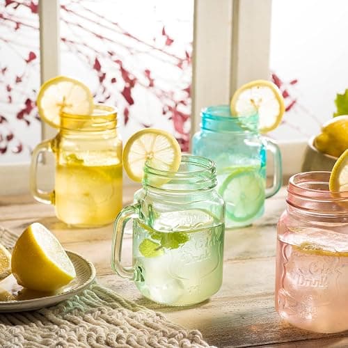 Glaver's Mason Jar Drinking Glasses Set Of 4, 15 oz. Colored Mugs With Embossed Ice-Cold Drinkware Logo, Glass Mason Jar Mug With Handle. For Smoothies, Cocktails, Beverages. Hand Wash thumbnail 2