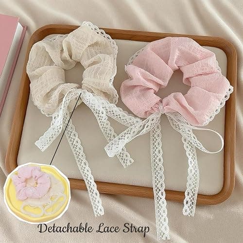 4 Pcs Cute Lace Scrunchies with White Bow Boho Hair Ties Elegant Ponytail Holder Elastic Band Scrunchy Lace Bow Hair Accessories for Women & Girls - Yellow, Pink thumbnail 2