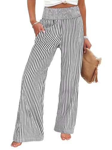 ANRABESS Womens Striped Gingham Palazzo Pants Wide Leg High Waisted Lounge Pajama Pants Cute Casual Trousers with Pockets - Image 1