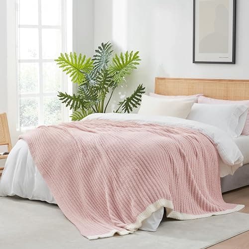 Snuggle Sac Fluffy Ribbed Pink Blanket Twin Size, Soft Luxurious Knit Throw, Fuzzy Plush Microfiber Blankets for Couch, Sofa, Bed, Pink, 60x80 inches - Image 1
