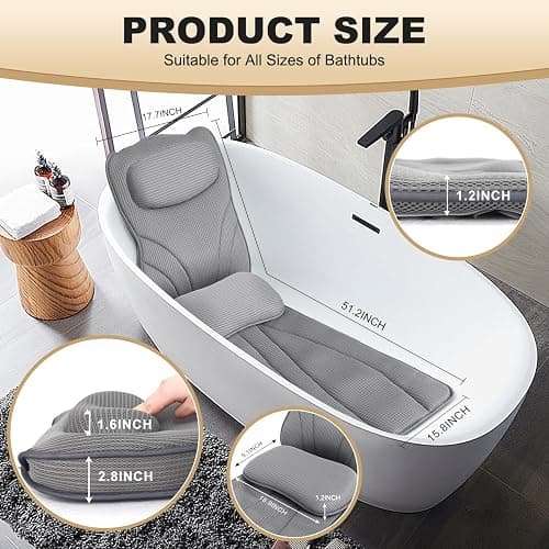 Extra Long Thick Full Body Bath Pillow for Tub with Lumbar Pillow- Luxury 4D Air Mesh Bathtub Pillow with Head, Shoulder & Back Support, Non-Slip Bath Cushion with Suction Cups (Gray) thumbnail 6