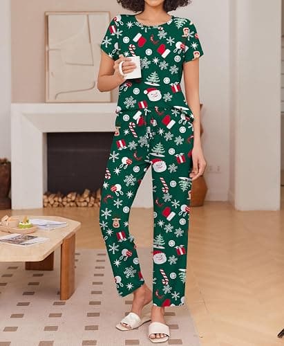 Ekouaer Pajama Sets for Women Round Neck Pjs Short Sleeve Sleepwear with Long Pants Loose Lounge Sets thumbnail 5