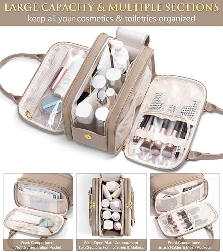 Bagstellar Travel Makeup Bag, Large Capacity Quilted Toiletry Bag for Women Stand-up Cosmetic Bag Open Flat Make Up Case Organizer Portable Pouch Purse w/Handle for Traveling Accessories, Camel thumbnail 4