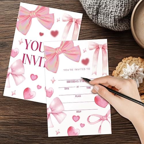 Doreen's Boutique Pink Bow Birthday Invitations for Girls, 20 PCS Double Sided Birthday Party Invitations with Envelopes, 4x6 Inches Coquette Party Invites-11 thumbnail 4