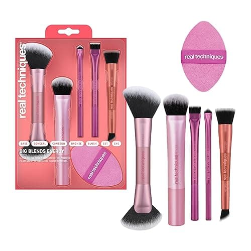 Real Techniques Big Blends Energy Brush + Dual-Sided Puff Kit, 6-Piece Set | Makeup brushes set with dual-sided puff kit, 2-in-1 powder puff, ultra-soft synthetic bristles for makeup blending - Image 1