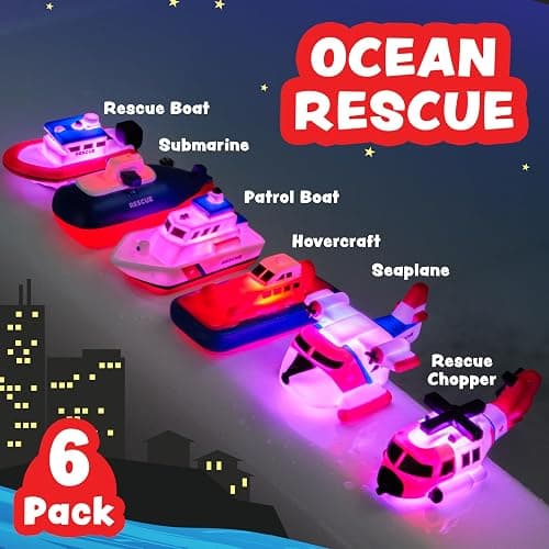 Tub Works® Ocean Rescue™ Vehicles Light Up Bath Toys, 6 Pack | Water-Activated Light Up Toys Flash & Change Color | Easy-Grip Baby & Toddler Bath Toys | Sensory Toys with Bath Lights for Kids Bath thumbnail 4