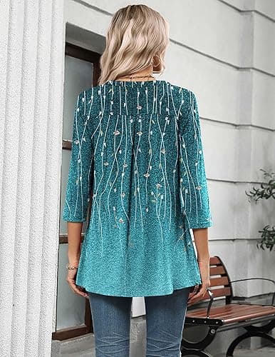 Zeagoo Womens 3/4 Length Sleeve Tops V Neck Tunic Casual Dressy Blouse Floral Printed Shirts thumbnail 5