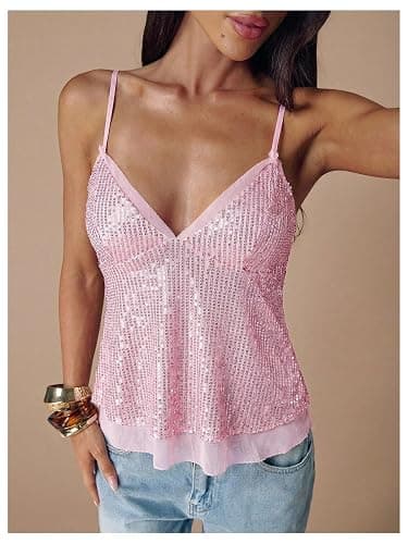 MakeMeChic Women's Sequin Sparkly Flowy Tank Top Babydoll Going Out Tops | Peplum Tops, Sleeveless, Spaghetti Strap, Y2K, Concert Outfit, Party, Club thumbnail 4