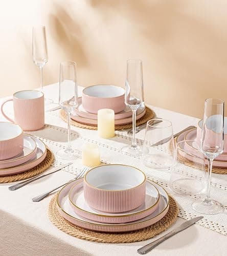 GBHOME Stoneware Dinnerware Sets for 4, 12 Pieces Plates and Bowls Set | Lightweight Ceramic Ribbed Dishes, Reactive Glaze Stackable Plate Set, Scratch Resistant, Microwave & Dishwasher Safe, Pink thumbnail 8