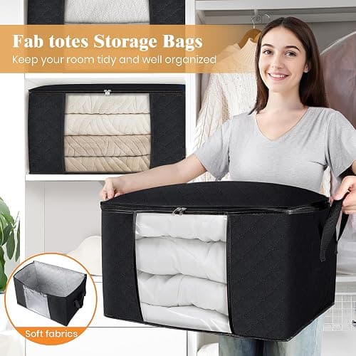 Fab totes Storage Bags,Clothes Blanket Storage Bins Foldable Closet Organizers with Reinforced Handle for Home Dorm Storage and Organization,Fabric Bags for Organizing Sheets,Clothing (Black,6 Pack) thumbnail 5
