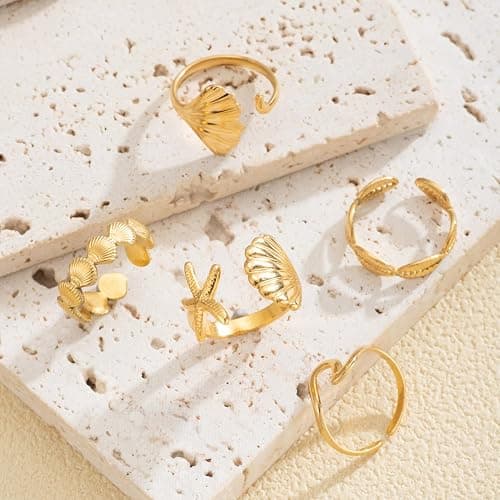 Yuoos 5PCS Gold Seashell Rings for Women Beach Surfer Starfish 18k Gold Dainty Seashell Wave Stacking Rings Summer Jewelry for Women Girl thumbnail 2