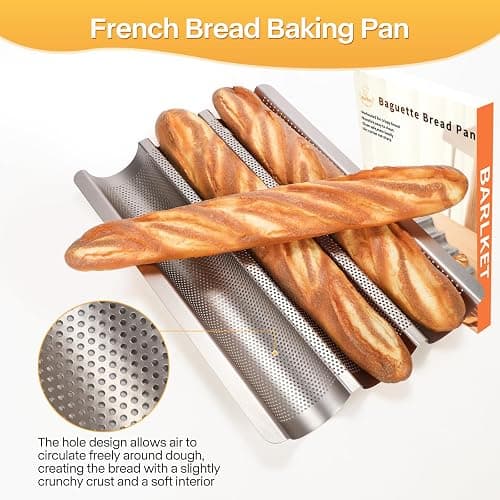 Barlket Baguette Bread Pan, Perforated French Bread Pan, Nonstick Bread Pans for Baking, with Baguette Kit – Includes Proofing Cloth & Dough Cutter, 15x11 Inch Gold, 3 Loaf thumbnail 4