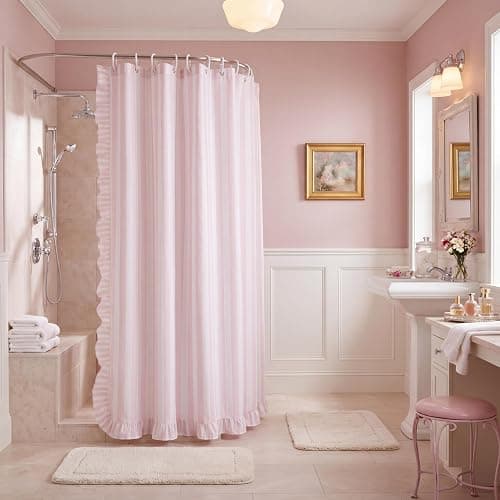 *BOUGHT* Pink Striped Shower Curtain with Ruffle Edge Cotton-Textured Shower Curtain 72x72 Inches Vintage Country Style Fabric Bath Decoration for Farmhouse Bathroom thumbnail 4