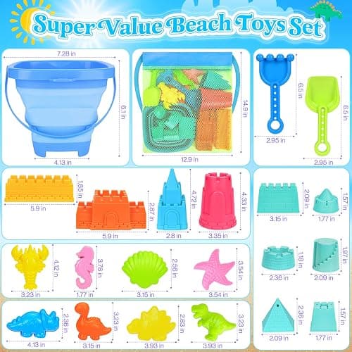 Collapsible Beach Toys for Kids Toddlers, Collapsible Sand Bucket and Shovels Set with Mesh Bag,Travel Sand Castle Building Kit, Sandbox Toys, Foldable Beach Essentials for Toddlers Kids Age 3-10 ﻿ thumbnail 7