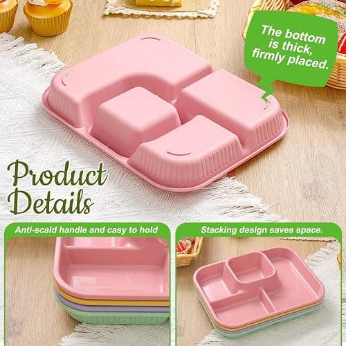 Pinkunn 8 Pcs 10'' Divided Plates Unbreakable Wheat Straw Dinnerware Lunch Trays Lightweight Reusable Plastic Compartment Microwave Dishwasher Safe Separator Plates (Green, Purple, Pink, Yellow) thumbnail 4