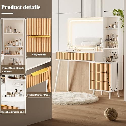 Makeup Vanity Desk with Mirror and Lights, Makeup Vanity with 5 Drawers&Storage Shelves, Vanity Table with Power Outlet, 3 Color Adjustable Lighting Dressing Table Set for Bedroom Oak thumbnail 6