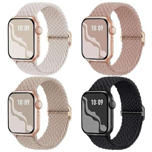 4 Pack Braided Stretchy Band Compatible with Apple Watch Bands Women Men | 40/41/38/42/44/45/46/49mm Breathable Nylon Elastic Daily Use Straps for iWatch Series 11/10 9 8 7 6 5 4 3 SE/Ultra 2 - Image 1