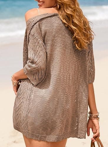 EVALESS Women's Crochet Knit Cardigan Sweaters Short Sleeve Open Front Kimonos Boho Cardigans Tops Lightweight Vacation thumbnail 4