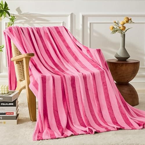 FY FIBER HOUSE Striped Flannel King Blanket - Soft Cozy Striped Blanket for Couch, Sofa, or Bed - 90"x108", Hot Pink, All Season Use - Image 1