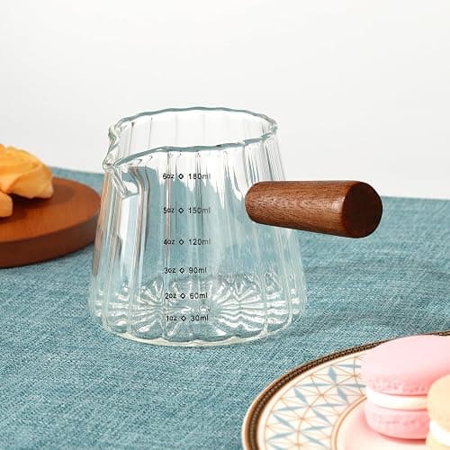 Joeyan 6 oz Glass Measuring Cups with Spout,Borosilicate Glass Triple Pitcher with Scale,Origami Style Espresso Shot Glasses with Wood Handle for Coffee Milk,Dishwasher Safe thumbnail 6