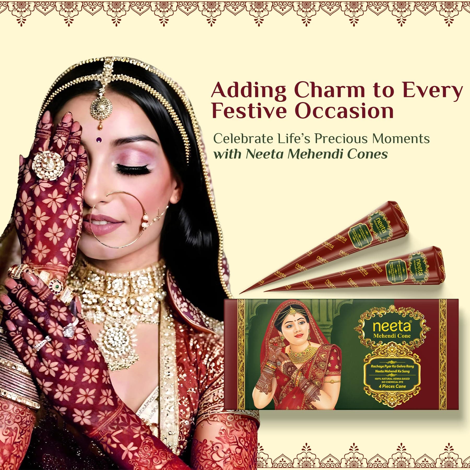 Neeta Mehendi Cone for Body Art, Herbal Henna Paste/Cones, Natural 100% Henna, Reddish Brown Color for Hand Tattoo Design, Pack of 8 Piece thumbnail 2
