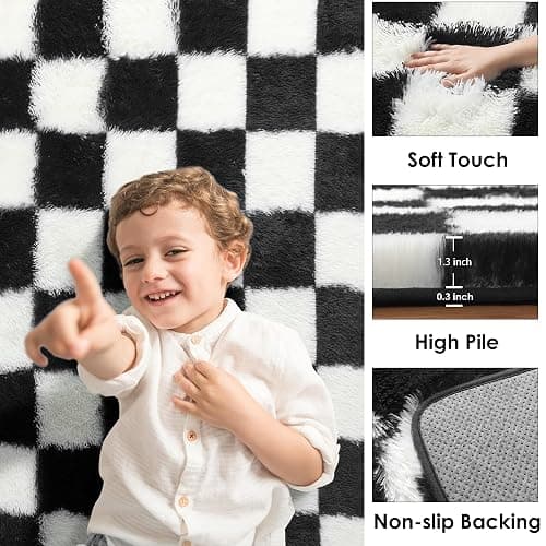 KICMOR Area Rugs for Bedroom Living Room, 4x6 Black and White Fluffy Soft Checkered Rug Fuzzy Shag Shaggy Carpet, Indoor Plush Floor Rugs for Kids Boys Girls Teen Dorm Nursery Home Decor Aesthetic thumbnail 2