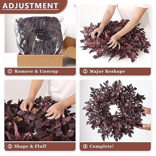 26" Artificial Cimicifuga Fall Wreath for Halloween Front Door(Dark Purple) | Realistic Large Fake Cimicifuga Leaf,Lush Faux Halloween Wreath,for Window Front Porch Outdoor Farmhouse Autumn Home Decor thumbnail 6