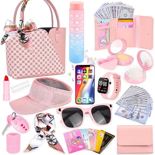 Oisacirg Sports Purse with Sun Hat, Pretend Play Toys for Girls Ages 3-8 | Tote Handbag, Water Bottle, Toy Phone and Watch, Pretend Makeup, Scarf for Role Play, Birthday Gifts, Mom-Daughter Bonding - Image 1