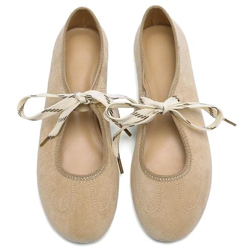 Yellhum Lace up Round Toe Ballet Flats for Women Cute Slip on Soft Mary Jane Flats Casual Ballerina Shoes thumbnail 4