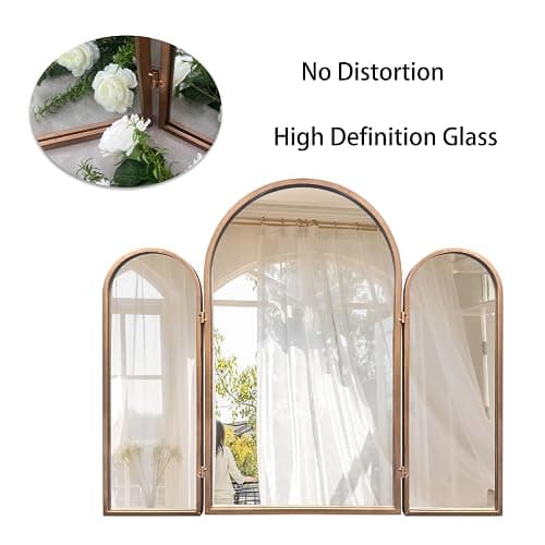 BAODANFU 3 Way Mirror Bathroom, Trifold Vanity Mirrors for Bathroom Bedroom, Large Arch Mirrors Decorative Vintage Gold, Adjustable Makeup Mirror for Braiding Hair 360° Way Tabletop & Wall Mounted thumbnail 6