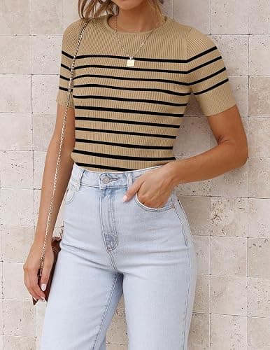 ZESICA Women's Short Sleeve Crewneck Striped T Shirt 2025 Summer Ribbed Knit Slim Fit Casual Basic Tee Tops thumbnail 6