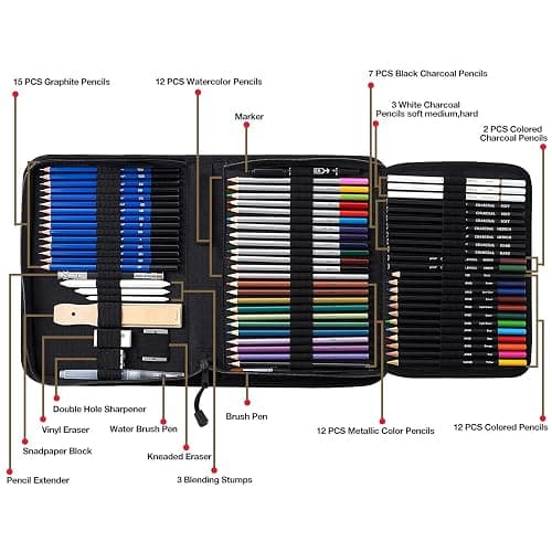 Prina 76 Pack Drawing Set Sketching Kit, Pro Art Supplies with 3-Color Sketchbook, Include Tutorial, Colored, Graphite, Charcoal, Watercolor & Metallic Pencil, for Artists Adults Teens Beginner thumbnail 3