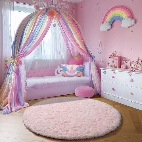 Pink Fluffy Round Rug 5Ft for Girls Bedroom Decor Aesthetic, Shaggy Circle Area Rugs for Kids Room Living Room, Cute Fuzzy Carpet for Nursery, Dorm, Classroom, Teen, Princess, Comfy Baby Playroom Rug thumbnail 6