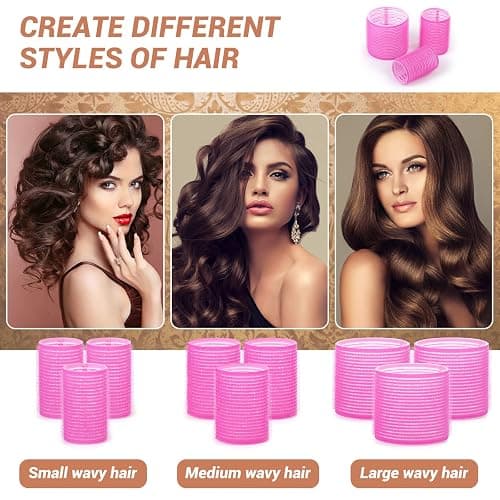 Self Grip Hair Rollers Curlers Set - 24 Pieces with 3 Sizes (4 Jumbo, 4 Large, 4 Medium) and 12 Clips for Volume on Long, Short, Thick, or Fine Hair - 24 Pieces Rose Red Set thumbnail 3