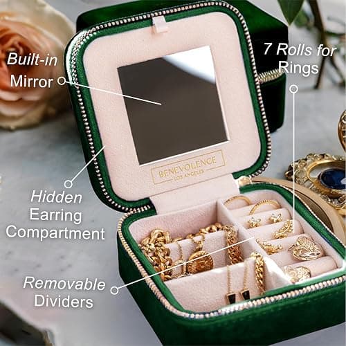 Benevolence LA Plush Velvet Jewelry Box | Travel Jewelry Case Organizer with Mirror | Featured in Oprah's Favorite Things | Best Gifts For Daughter, Girlfriend, Mom | Gifts For Her - Emerald thumbnail 5
