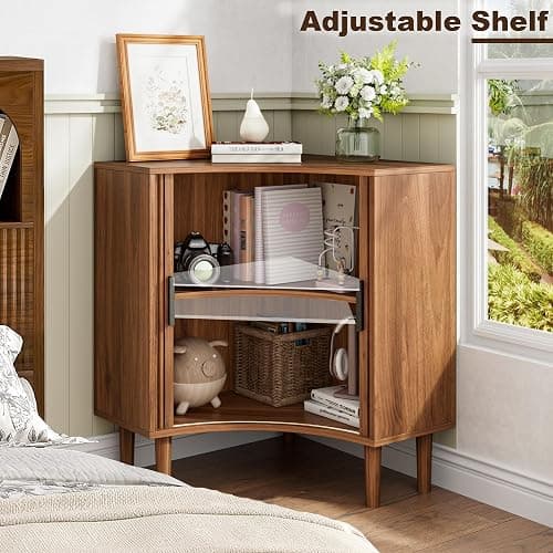 Fluted Corner Cabinet, Small Corner Floor Cabinet with Sliding Doors and Adjustable Shelves, Modern Wooden Freestanding Narrow Storage Organizer for Small Space,Living Room, Dining Room, Bathroom thumbnail 3