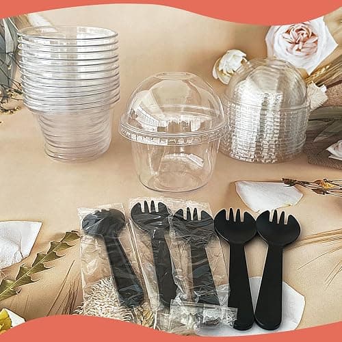 Szsrcywd 100Pcs 10oz Plastic Dessert Cups with Dome Lids,50Pcs Disposable Clear Parfait Party Cup(No Hole) and 50Pcs Sporks,Snack Containers Bowls for Cake,Mousse,Milkshake,Yogurt,Ice Cream,Fruits thumbnail 2
