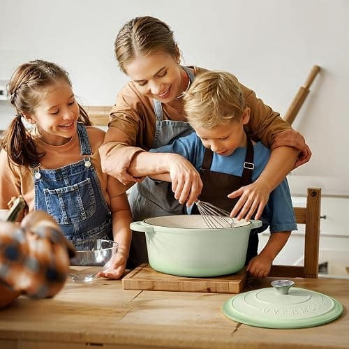 Overmont 5.5QT Enameled Cast Iron Dutch Oven with Lid, Heavy-Duty Pot for Family Meals, Whole Chicken, Braising, Roasting & Sourdough Baking, Cookbook & Cotton Handle Covers thumbnail 8