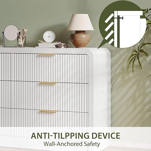 Decofy Fluted 6 Drawers Dresser for Bedroom, 55 Inch Wood Dressers with Gold Handles, Modern Dressers with Wave Texture, Large Storage Chest of Drawers, Bedroom Dresser Organizer (Pure White) thumbnail 2