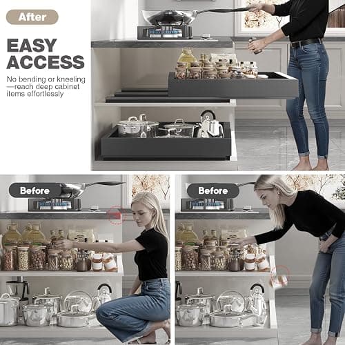 Seinloes 2 Pack Pull Out Cabinet Organizer 22" Deep,Full Extension 3 Slide Rails Slide Out Drawers With Raising Pad for Framed Cabinets,Expandable Width (12.3"-20.5"),No Drill Roll Out Shelf,Black thumbnail 5