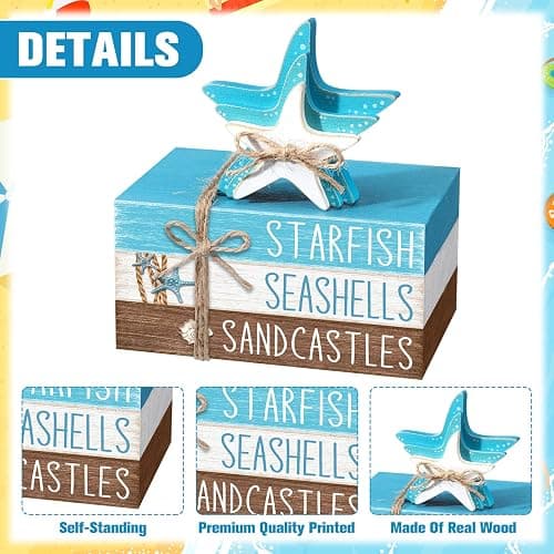 Geelin 4 Pcs Summer Beach Tiered Tray Decor Wooden Book Stack Signs, Starfish Seashell Coastal Nautical Table Centerpiece for Shelf Coffee Bar Home Kitchen Beach House Decorations thumbnail 4