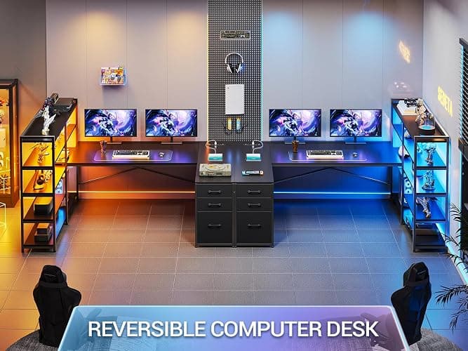SEDETA L Shaped Gaming Desk, Reversible U Shaped Computer Desk with Power Outlet and Storage Shelves, Corner Gaming Desk with LED Lights, 3 Fabric Drawers, Black thumbnail 3