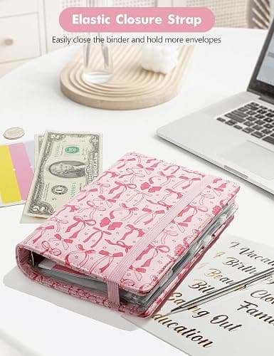 A6 Budget Binder for Money Saving, PU Leather Budget Planner with 8 Cash Envelopes, Budget Sheets & Rose Gold Category Stickers, Money Organizer for Cash (Pink Bow) thumbnail 6